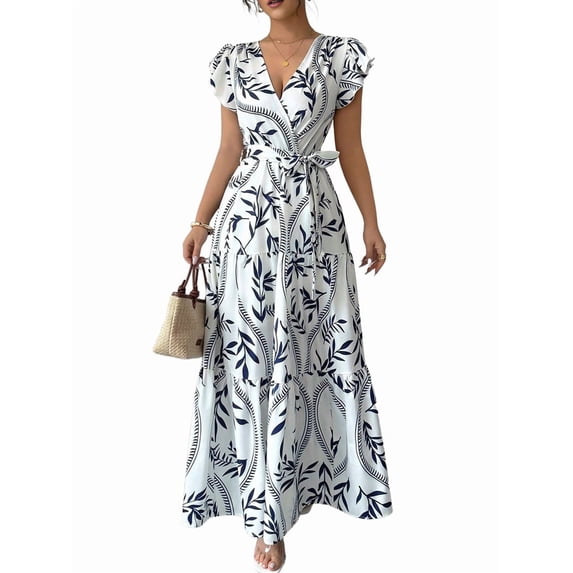 Women'S A Line Dress with Tie Waist Floral Print Beach Vacation Party Short Sleeve Ruffle Elegant Navy Blue M