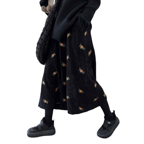 Women'S A-Line Fairy Patterned Elastic Waist Ruffle Layered Midi Skirt Black L