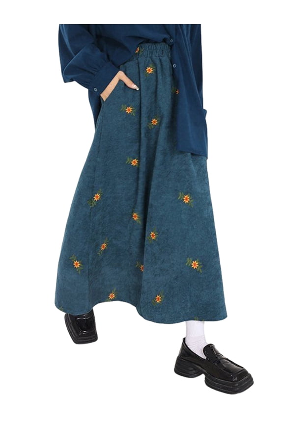 Women'S A-Line Fairy Patterned Elastic Waist Ruffle Layered Midi Skirt Cyan L