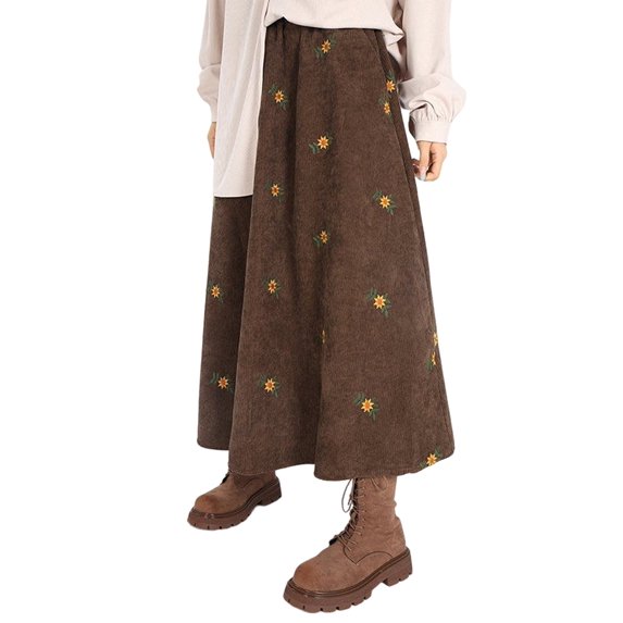 Women'S A-Line Fairy Patterned Elastic Waist Ruffle Layered Midi Skirt Khaki L