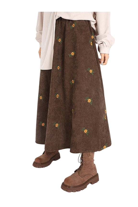 Women'S A-Line Fairy Patterned Elastic Waist Ruffle Layered Midi Skirt Khaki XXL