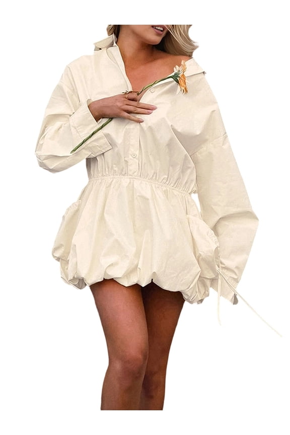 Women'S A-Line Puffy Mini Dress with Belt, Long Sleeve Button Down Shirt Dress Yellow M