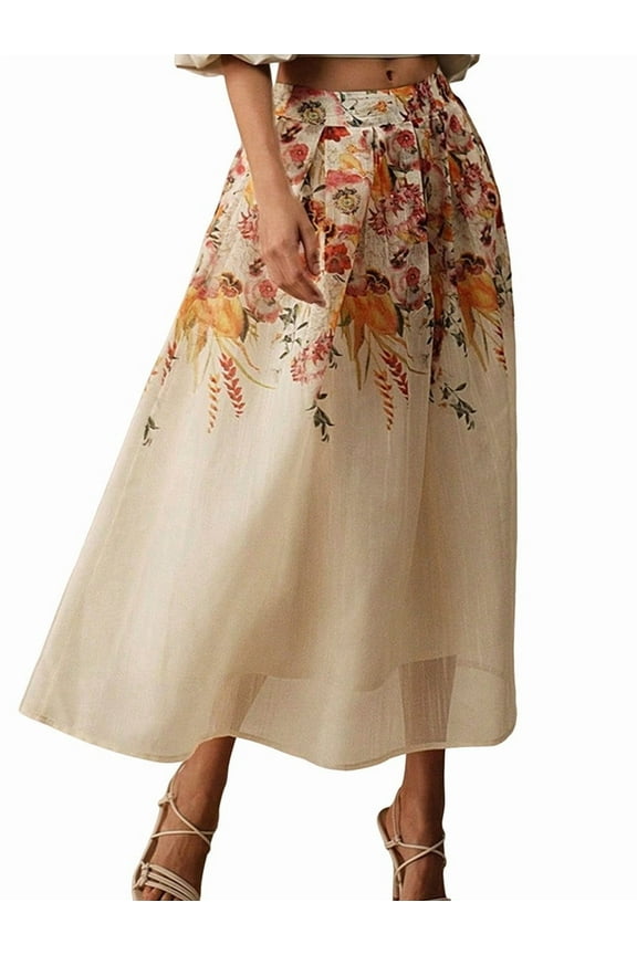 Women'S A-Line Vintage Print Skirt Light Yellow L