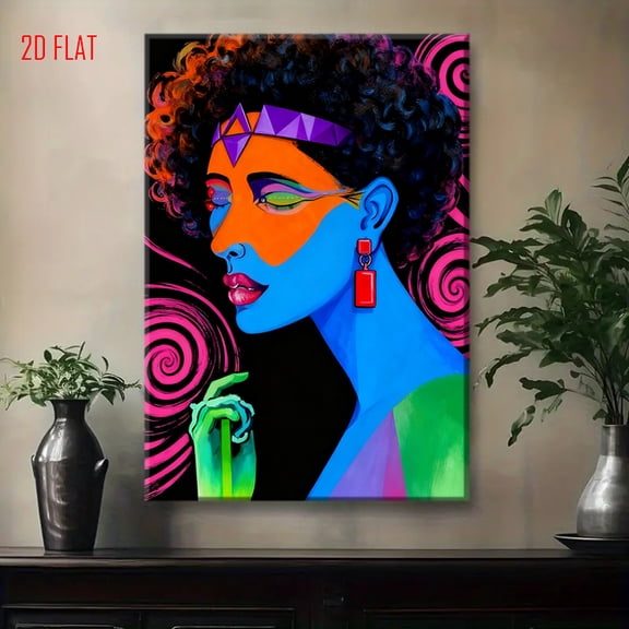 Women'S Abstract Modern Portrait Wall Art - Black, Orange, Blue, Purple, Pink, Green, Yellow, Red, Brown, Gray, White, Golden, - Thick Curly Hair, Large Statement Earrings