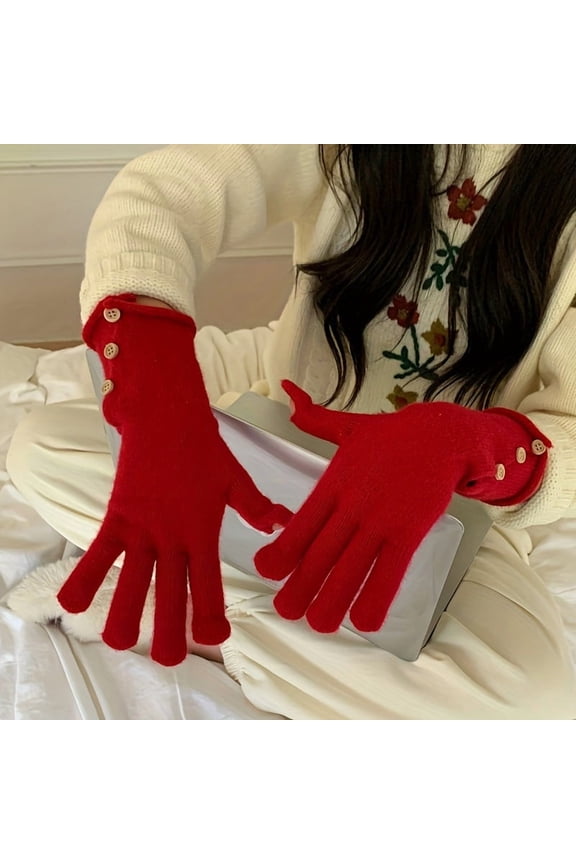 Women'S Acrylic Knit Gloves with Button Detail - Touchscreen Compatible, Hand Wash Only, Warm for Fall/Winter Season