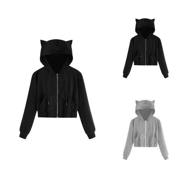 Women'S Activewear Women's Solid Color Sweatshirt Women Casual Solid Long Sleeve Zipper Pocket Shirt Cat Hooded Sweatshirt Tops