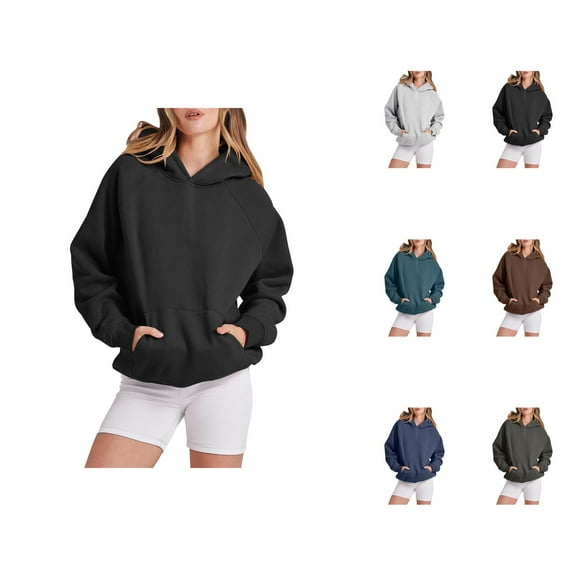 Women'S Activewear Women's Solid Color Sweatshirt Women Solid Basic Letter Loose Hoodie Sweatshirt Long Sleeve Pocket Drop Shoulder Pullovers Top