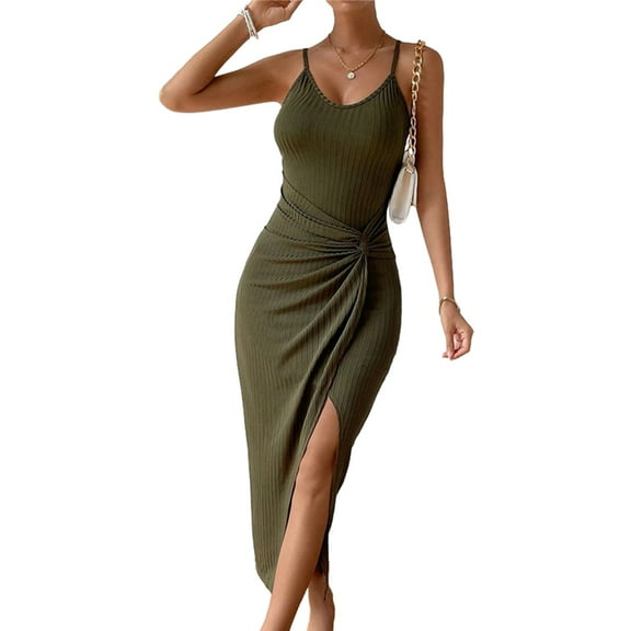 Women'S Adjustable Spaghetti Straps Sleeveless Waist Split Midi Backless Bodycon Cocktail Party Dress Army Green XS