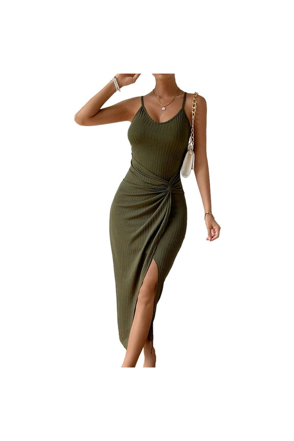 Women'S Adjustable Spaghetti Straps Sleeveless Waist Split Midi Backless Bodycon Cocktail Party Dress Army Green XS
