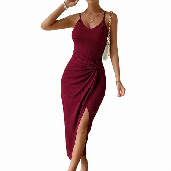 Women'S Adjustable Spaghetti Straps Sleeveless Waist Split Midi Backless Bodycon Cocktail Party Dress Wine Red XS
