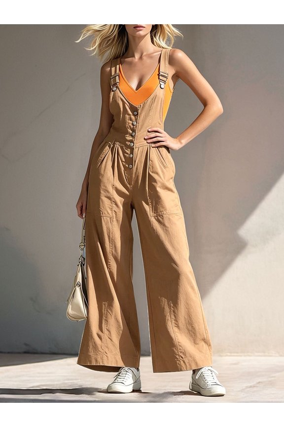 Women'S Adjustable Strap Overalls Button Front V Neck Wide Leg Jumpsuit with Pockets Camel Color XXL