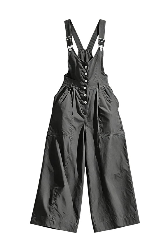 Women'S Adjustable Strap Overalls Button Front V Neck Wide Leg Jumpsuit with Pockets Dark Gray XL