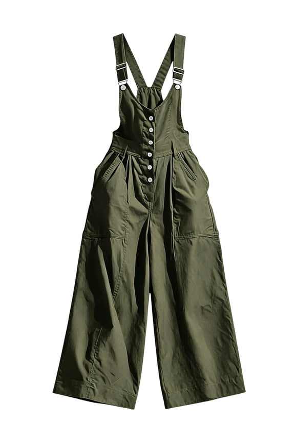 Women'S Adjustable Strap Overalls Button Front V Neck Wide Leg Jumpsuit with Pockets Green XL