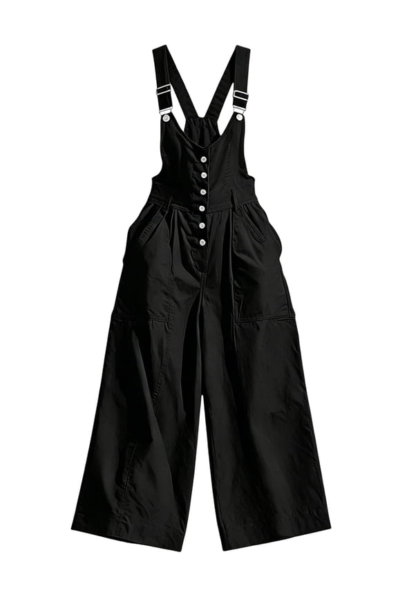 Women'S Adjustable Strap Overalls Button Front V Neck Wide Leg Jumpsuit with Pockets