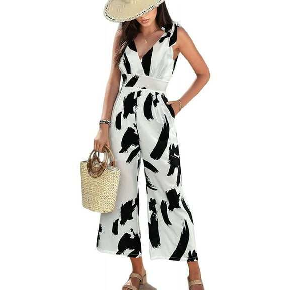Women'S All over Print Tie Shoulder Sleeveless High Waist Casual Wide Leg Jumpsuits White S