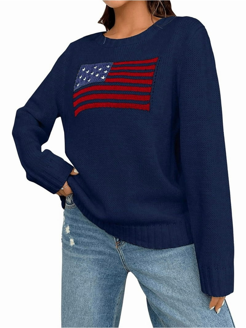 Women'S American Flag Graphic Long Sleeve Sweater Knit Round Neck Pullover  Top Dark Blue XXL - Walmart.com, image size:800x1067