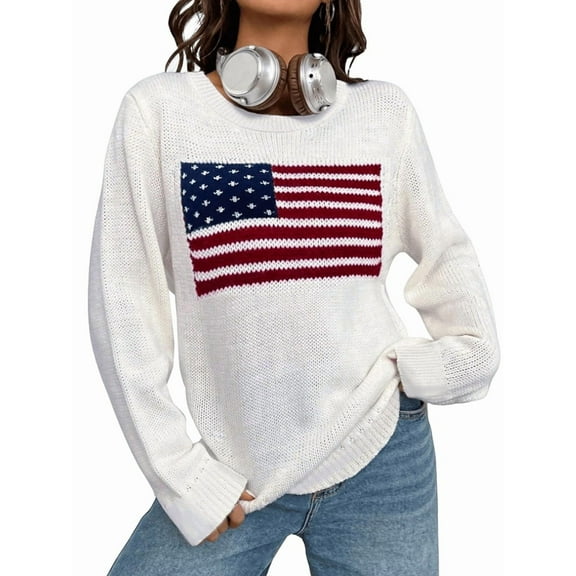 Women'S American Flag Graphic Long Sleeve Sweater Knit Round Neck Pullover Top White S