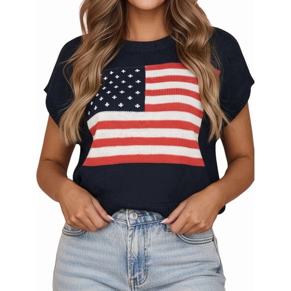 Women'S American Flag Pattern Cap Sleeve Crew Neck Sweater Casual Loose Pullover Cardigan Sweater