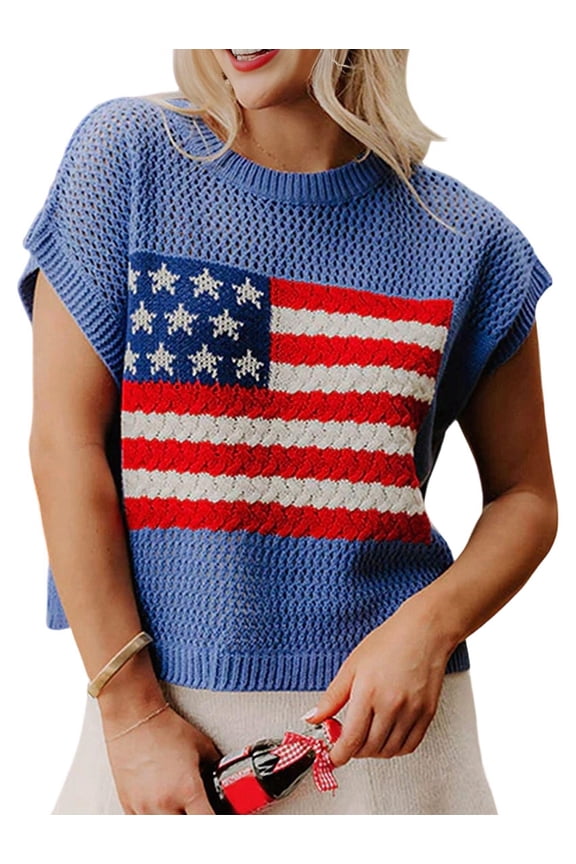 Women'S American Flag Sweater Cap Sleeve Crop Tops Crew Neck Loose Fit Knit Sweater Pullover Top Blue XL