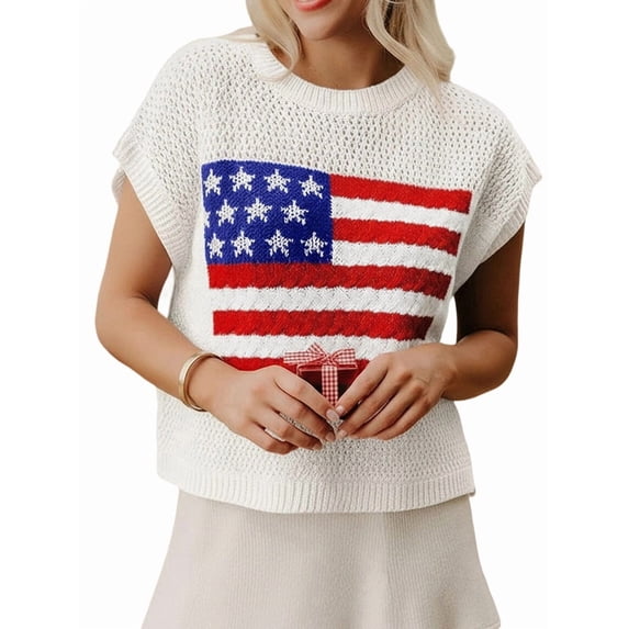 Women'S American Flag Sweater Cap Sleeve Crop Tops Crew Neck Loose Fit Knit Sweater Pullover Top White L