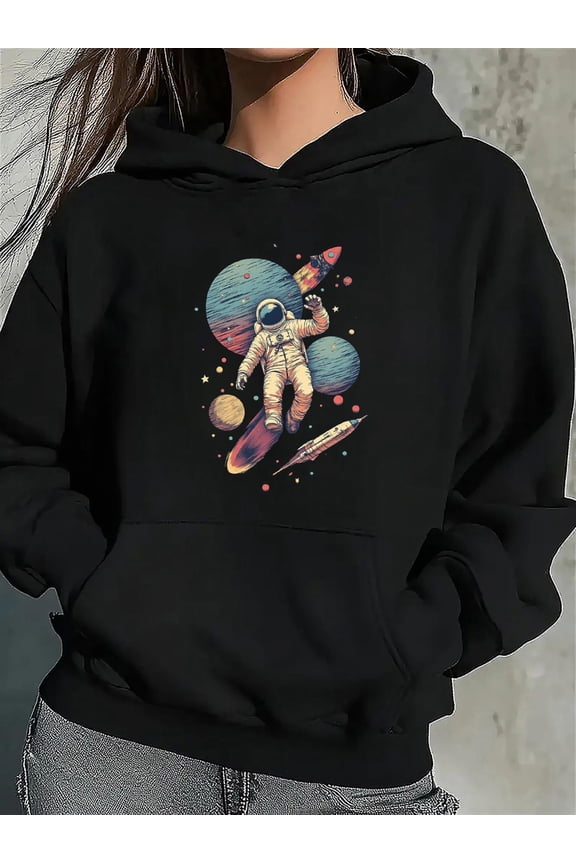 Women'S Astronaut Space Graphic Hoodie - Soft Fleece Pullover Sweatshirt with Astronaut Floating in Space, Planets & Stars - Black Hooded Sweater for Women, All-Season Lounge, Casual Outfits & Space-