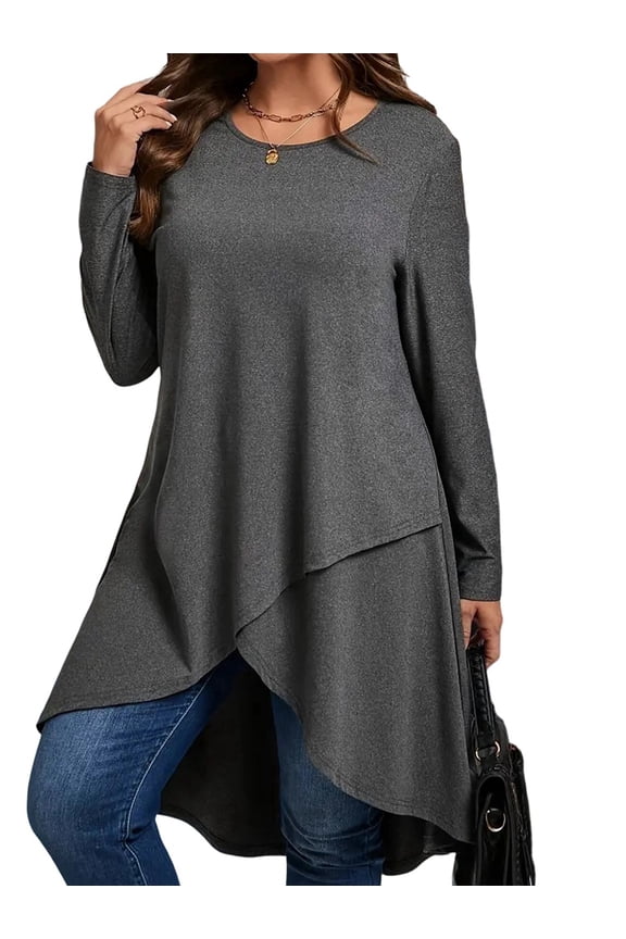 Women'S Asymmetric Hem Casual Loose Fit Long Sleeve Solid Color Top Oversized Blouse Dark Gray 5XL
