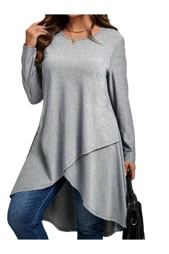 Women'S Asymmetric Hem Casual Loose Fit Long Sleeve Solid Color Top Oversized Blouse Light Gray 5XL