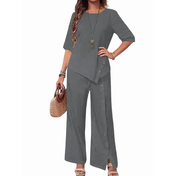 Women'S Asymmetric Hem Pants Set Elegant Fashion Casual Button Sleeve Shirt Loose Two Piece Outfit Gray XL