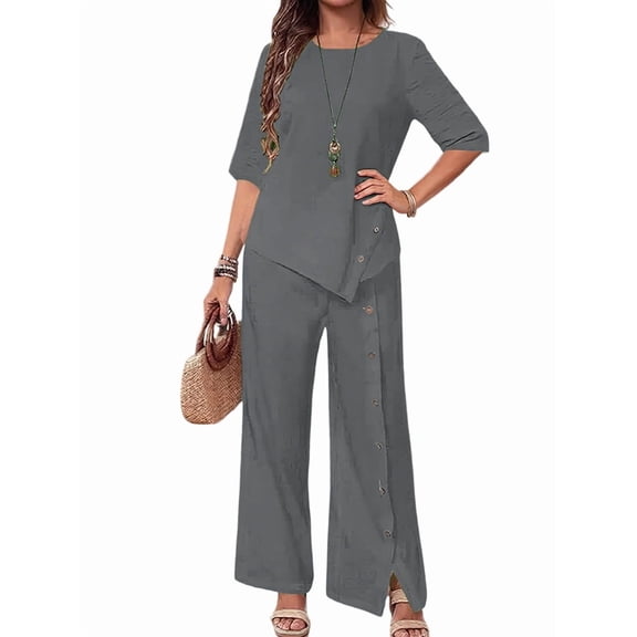 Women'S Asymmetric Hem Pants Set Elegant Fashion Casual Button Sleeve Shirt Loose Two Piece Outfit Gray XL