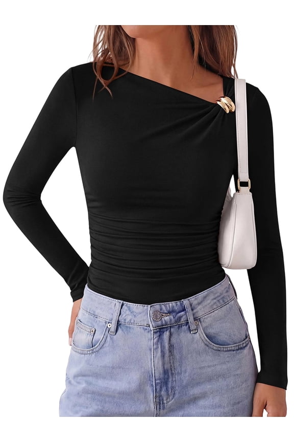 Women'S Asymmetric Neck Ruched Slim Fit Y2K Long Sleeve Layering Top