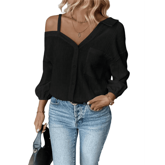 Women'S Asymmetrical Cold Shoulder Collar Neck Long Sleeve Button Down Blouse Shirts Tops Black S