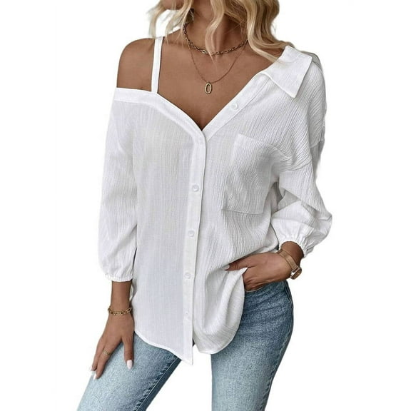 Women'S Asymmetrical Cold Shoulder Collar Neck Long Sleeve Button Down Blouse Shirts Tops White L