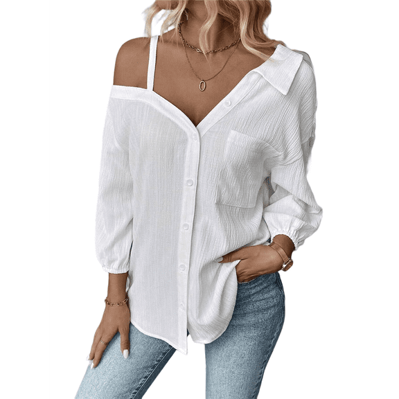Women'S Asymmetrical Cold Shoulder Collar Neck Long Sleeve Button Down Blouse Shirts Tops White M
