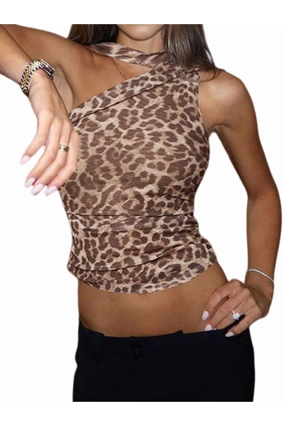 Women'S Asymmetrical Halter Tops Sleeveless Slim Fit Summer Going Out Y2K Crop Tank Top Leopard Print S