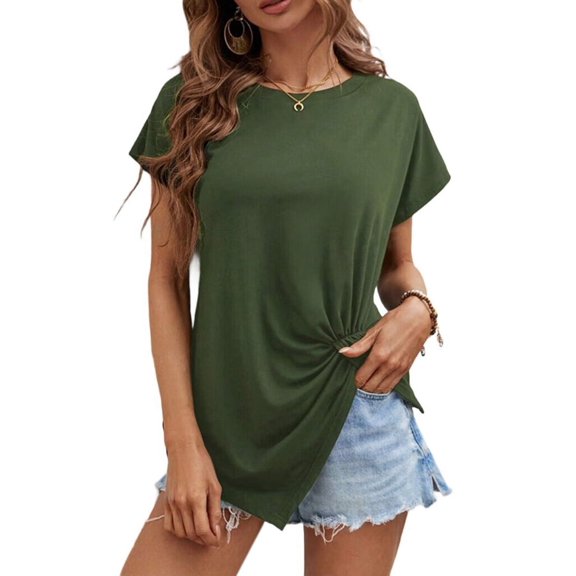 Women'S Asymmetrical Hem Round Neck Short Sleeve Twist Knot T Shirt Top  Green XXL