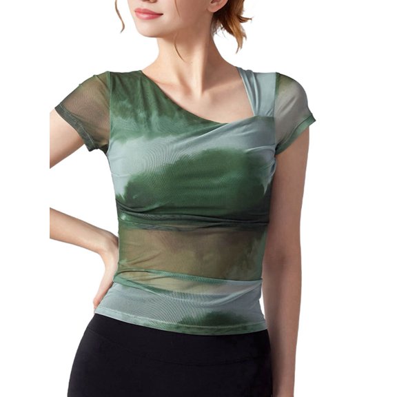 Women'S Asymmetrical Neck Floral Print Mesh Shirts Ruched Short Sleeve Fitted Blouses Green L