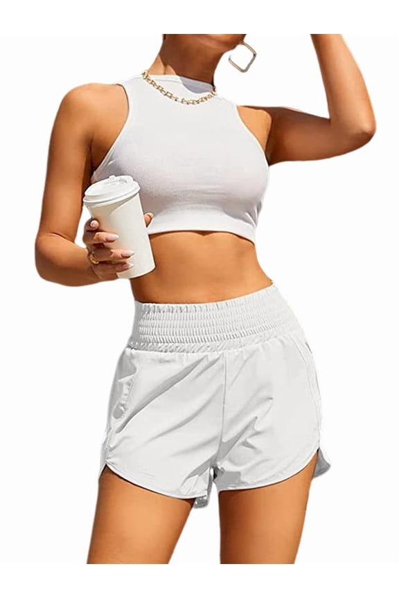 Women'S Athletic Shorts High Waisted Running Shorts Pocket Sporty Short Gym Elastic Workout Shorts White S