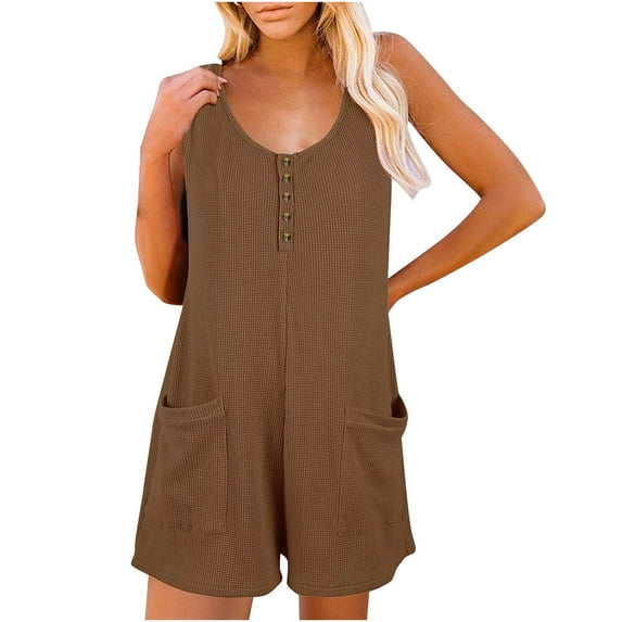 Women'S Athletic Shorts Women's Scoop Solid Neck Sleeveless Casual Buttons Short Jumpsuit Rompers With Pockets Shorts For Teen Girls,Coffee,L