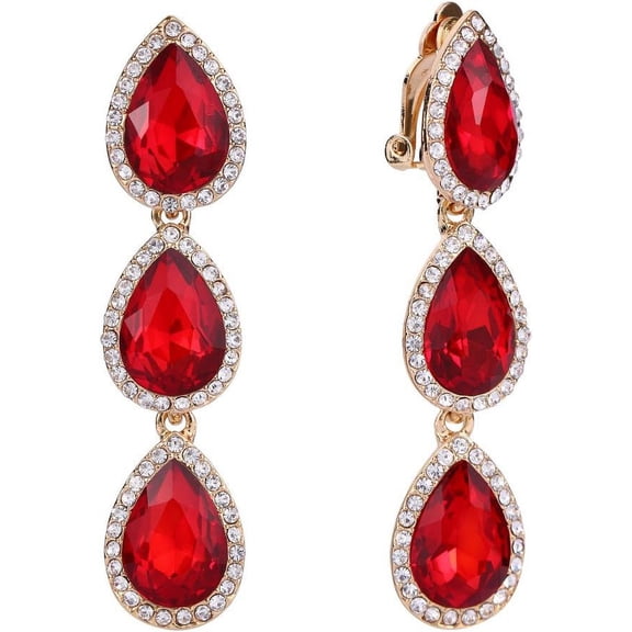 Women'S Austrian Crystal Teardrop Pear Shape 2.4 Inch Long Clip-On Dangle Earrings[Z1]