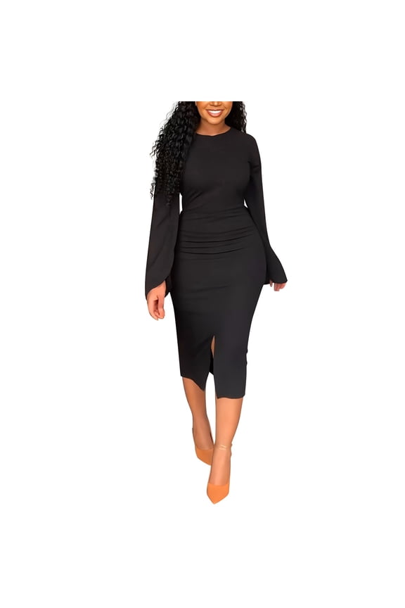 Women'S Autumn And Winter Solid Color Long Sleeve Round Neck Slit Sexy Backless Long Dress