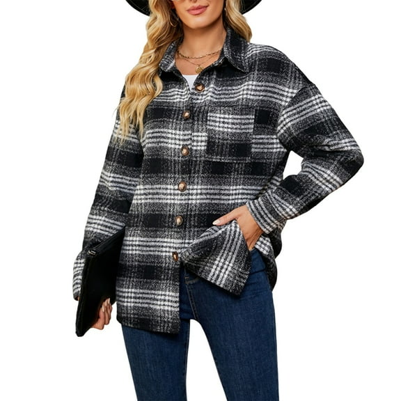 Women'S Autumn Casual Fashion Long Sleeve Pocket Loose Plaid Woolen Coat Tops Black L
