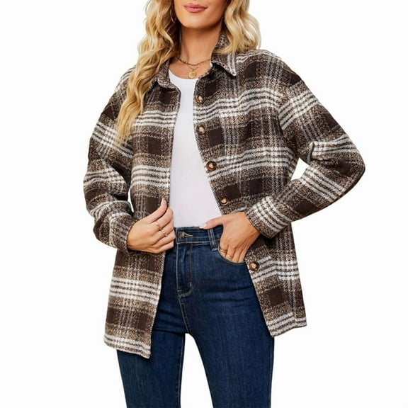 Women'S Autumn Casual Fashion Long Sleeve Pocket Loose Plaid Woolen Coat Tops Brown XL