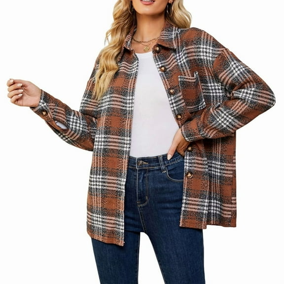 Women'S Autumn Casual Fashion Long Sleeve Pocket Loose Plaid Woolen Coat Tops Caramel Color S