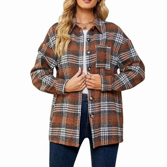 Women'S Autumn Casual Fashion Long Sleeve Pocket Loose Plaid Woolen Coat Tops Caramel Color XXL