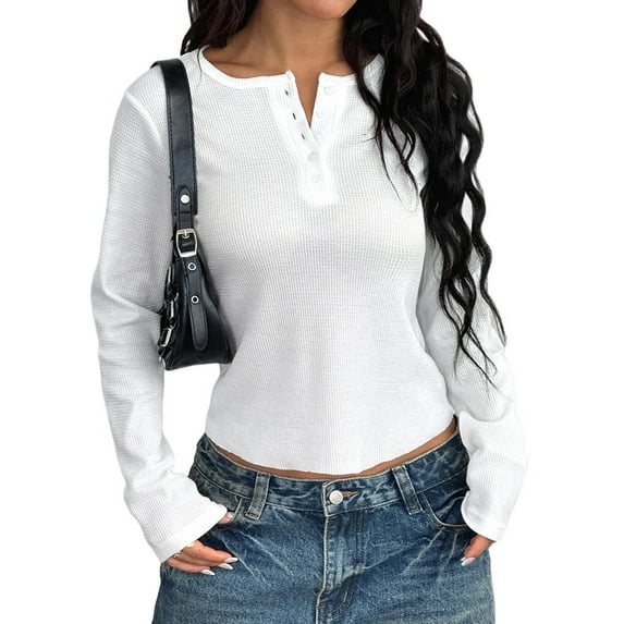 Women'S Autumn Crew-Neck Button Down Slim Fit Ribbed Knit Solid Color Casual Long Sleeve Shirts 2025 Cream White M