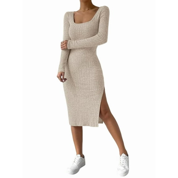 Women'S Autumn Dress 2 Long Sleeve Square Neck Knit Midi Beach Resort Dress Slit Slim Maxi Dress Beige Apricot M