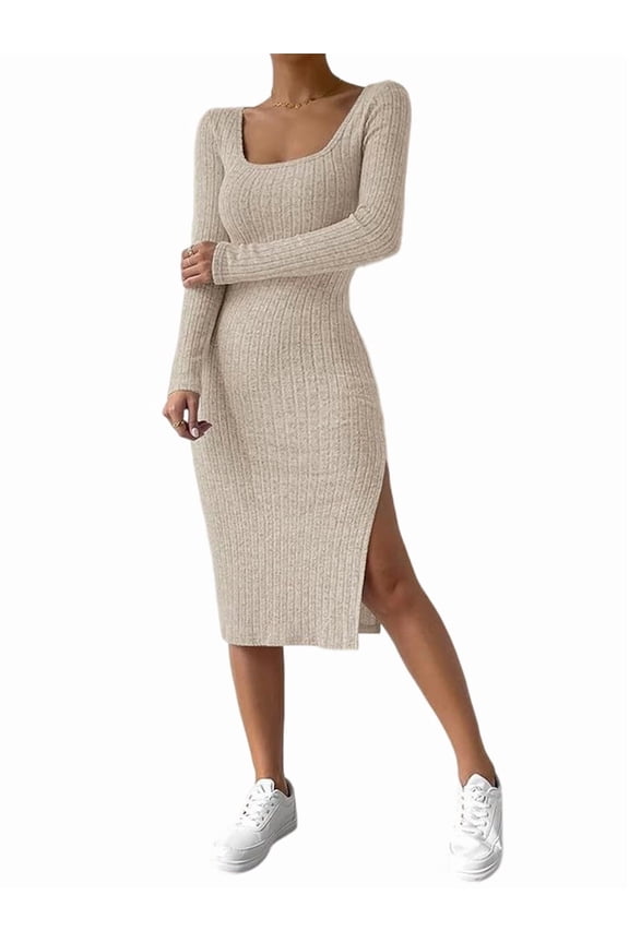 Women'S Autumn Dress 2 Long Sleeve Square Neck Knit Midi Beach Resort Dress Slit Slim Maxi Dress Beige Apricot M