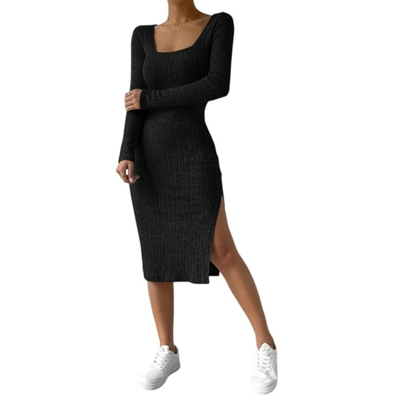 Women'S Autumn Dress 2 Long Sleeve Square Neck Knit Midi Beach Resort Dress Slit Slim Maxi Dress Black XXL