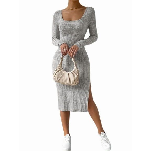 Women'S Autumn Dress 2 Long Sleeve Square Neck Knit Midi Beach Resort Dress Slit Slim Maxi Dress Grey XXL