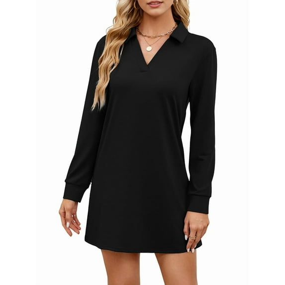 Women'S Autumn Dress 2025 Lapel Long Sleeve Casual Loose V-Neck Solid Color Sports Sweater Dress Black L